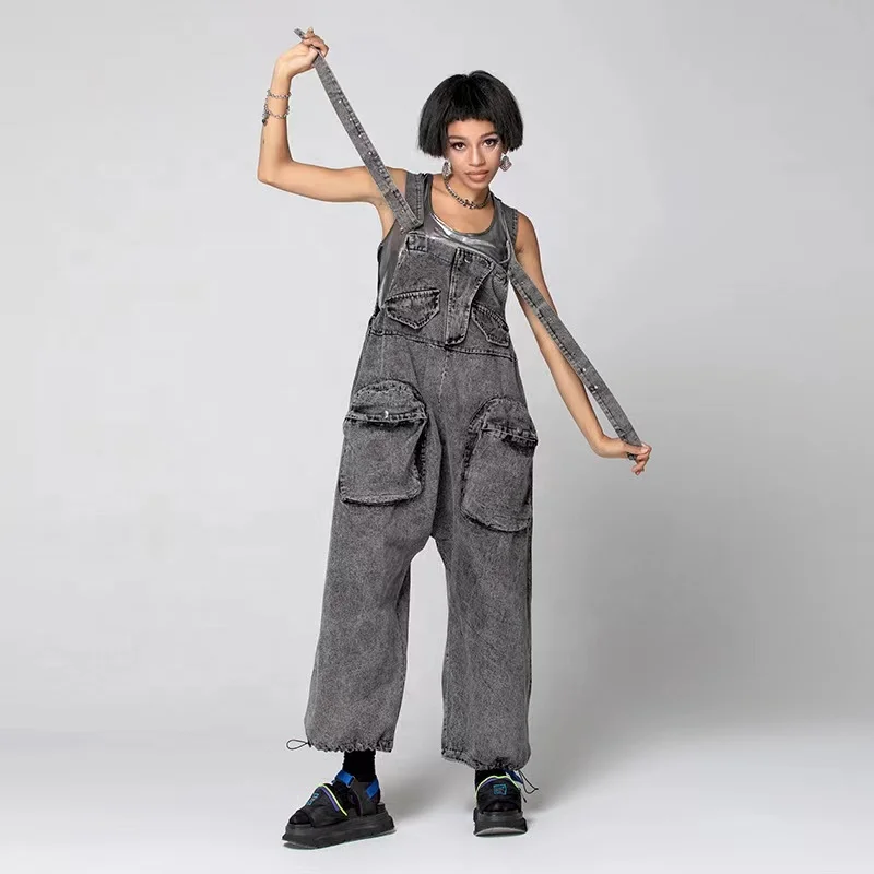 

OUDINA Streetwear Popular One Piece Jeans Loose Big Pocket Overalls Casual Overall Women Denim Jumpsuit, Black