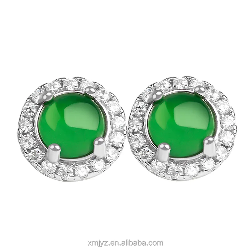 

Certified Grade A S925 Silver Inlaid Natural Emerald Egg Surface Yang Green Ice Jade Stone Stud Fashion Earrings Ornament