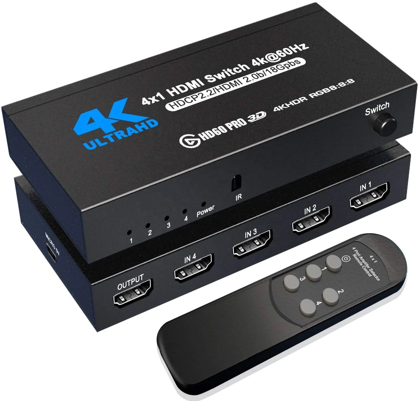 

OZQ5-2 HDMI Switch 4K@60Hz 4 Port HDMI 2.0 Switcher Selector 4 in 1 Out with IR Remote Control Supports 4K HDR10 HDCP 2.2, Black