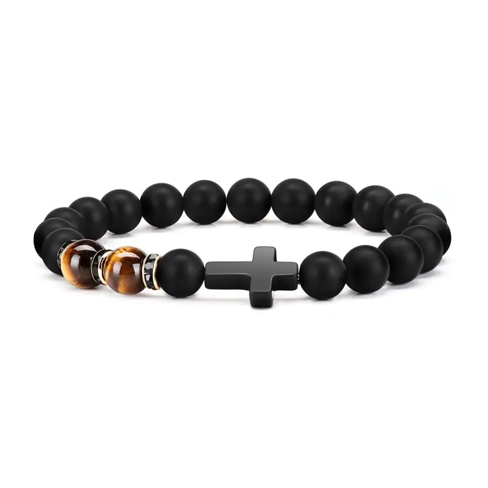 

Free Sample Fashion Men Women Jewelry Black Gemstone Cross High Quality Natural Matte Onyx Colorful Tiger Eye Beads Bracelets