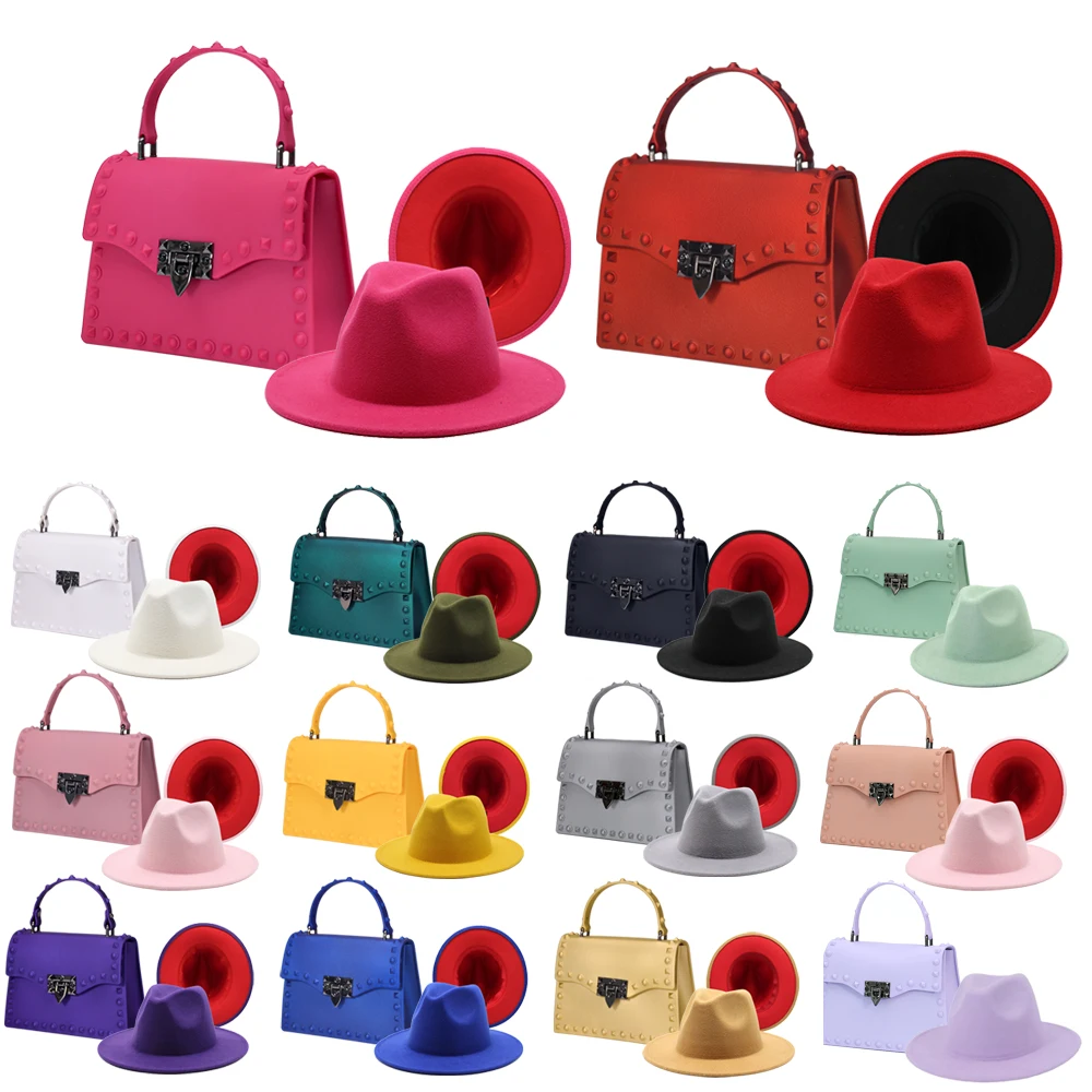 

2021 Hot Sales Rivet Handbags Ladies Jelly Purses Bags Designer Fedora Hat And Purse Set Handbags For Women Purses And Handbags, 14color
