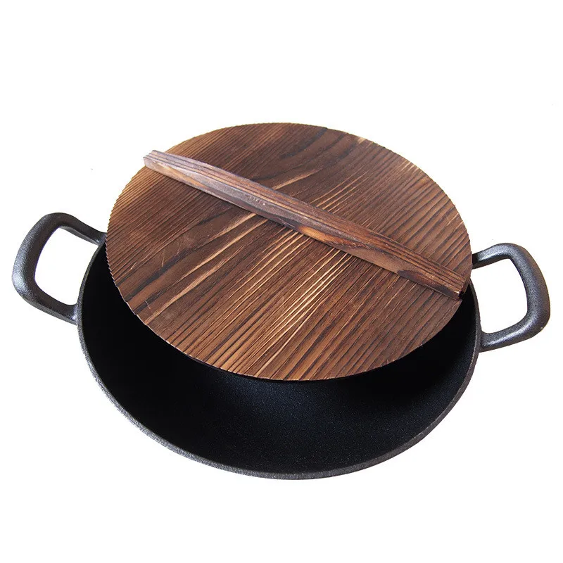 

Hot  Big Traditional Raw Chinese Binaural Vegetable Oil Non Stick Stir Fry Cast Iron Wok Burner with Wooden Lid