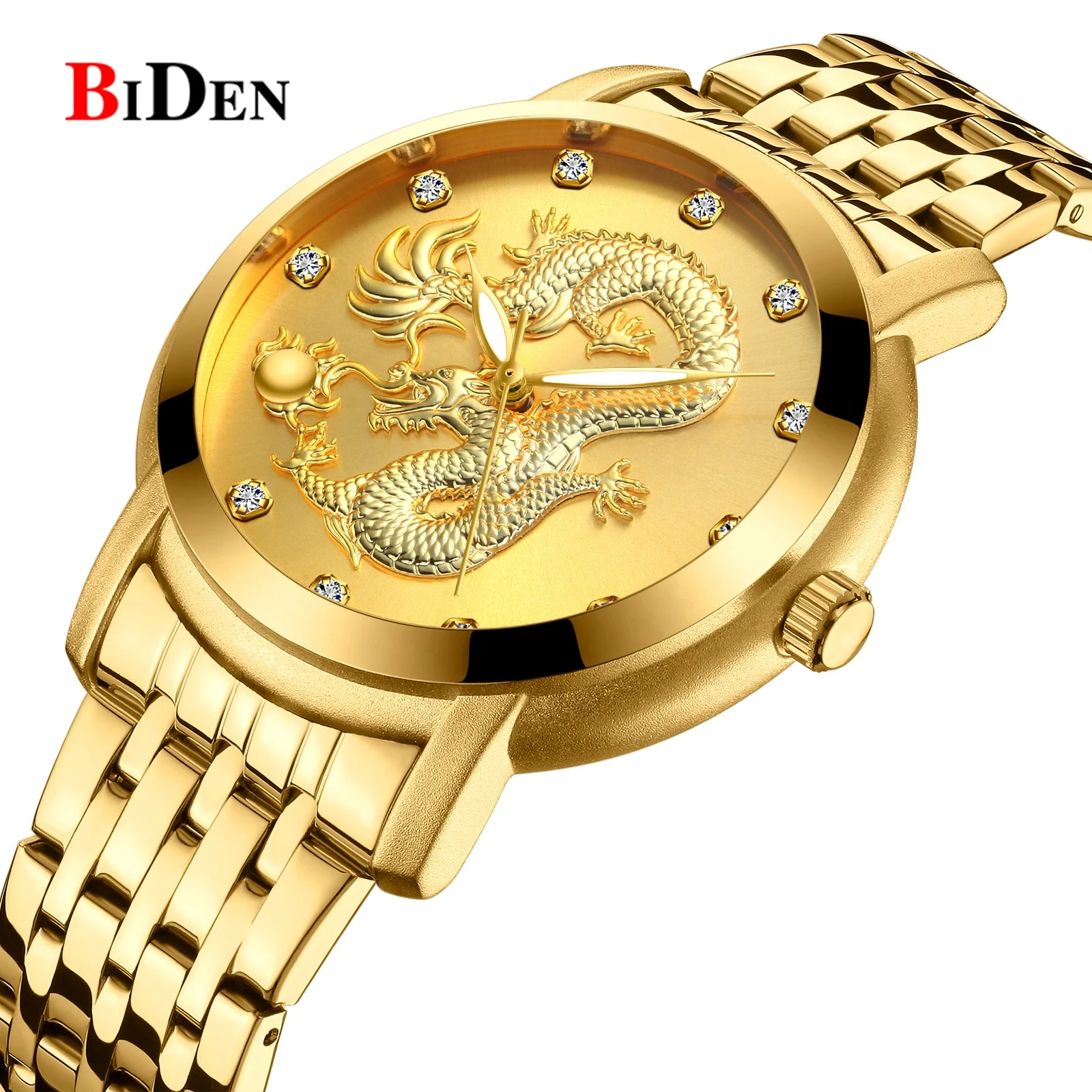 

BIDEN diamond watch mens gold chains classic dragon quattz wrist watch
