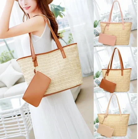 

New Brand Fashion Womens Summer Beach Tote Wicker Bag Ladies Rattan Straw Crossbody Handbag Basket, Black.beige