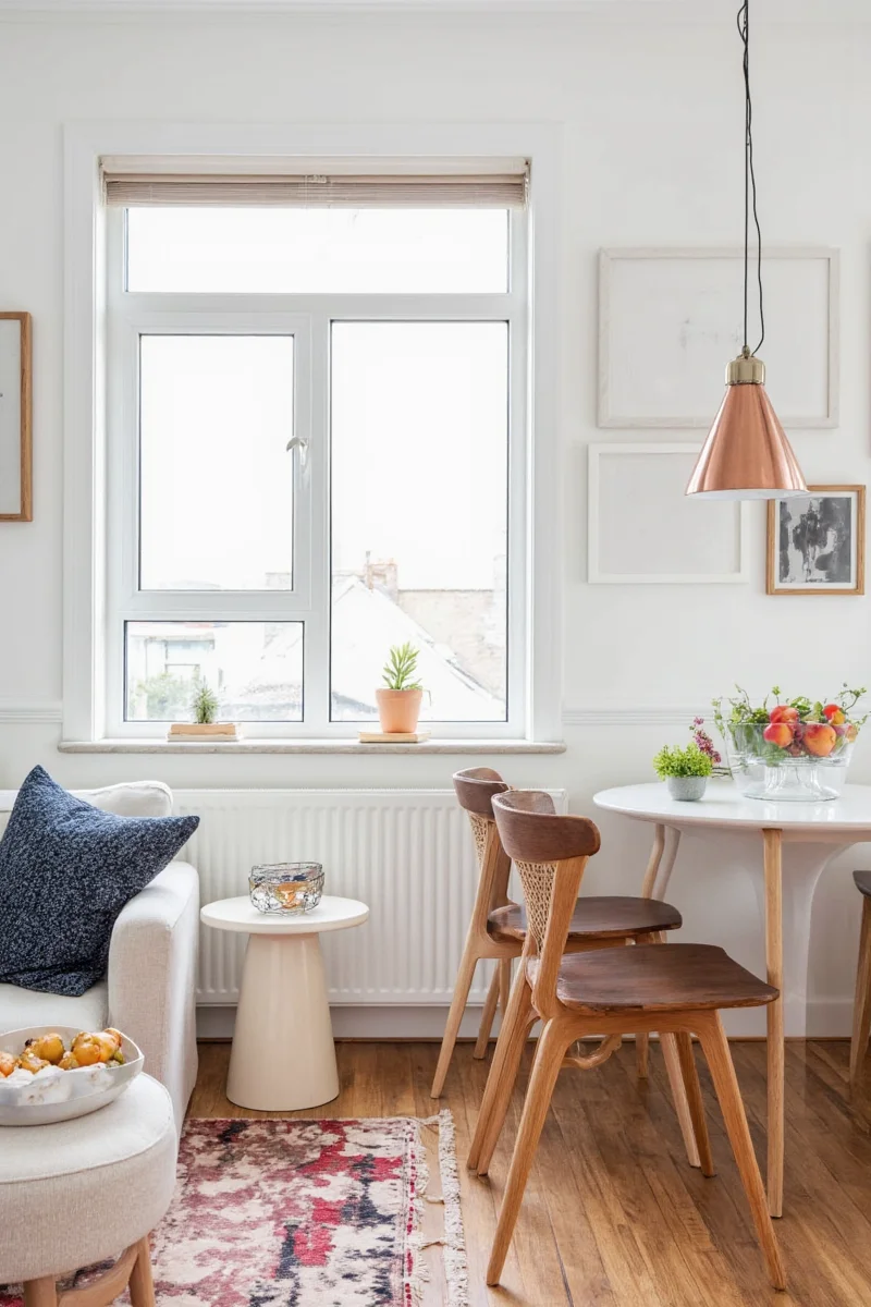 Happy family enjoying decorated small apartment