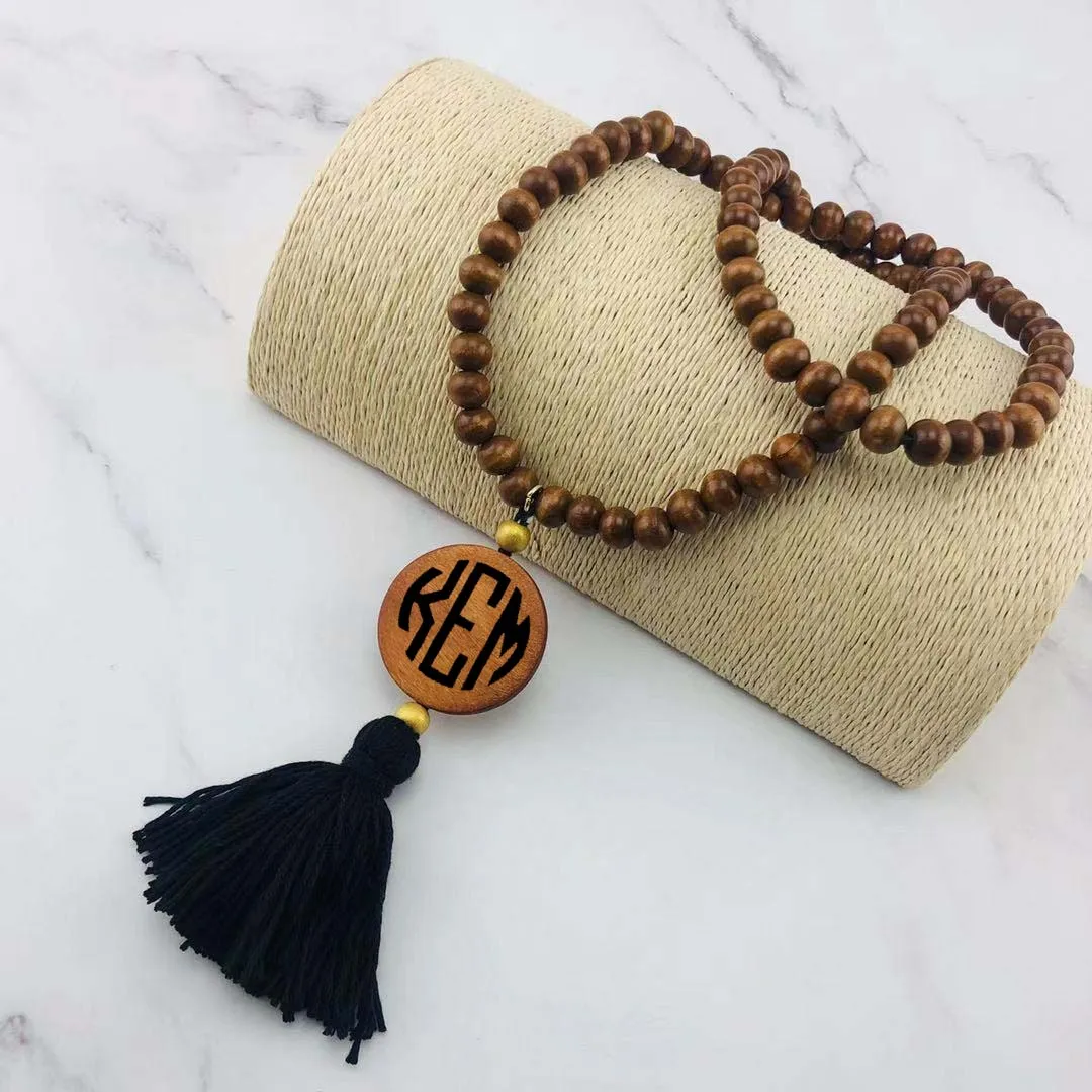 

customized monogram wood beaded disc pendant long necklace with tassel, White gold