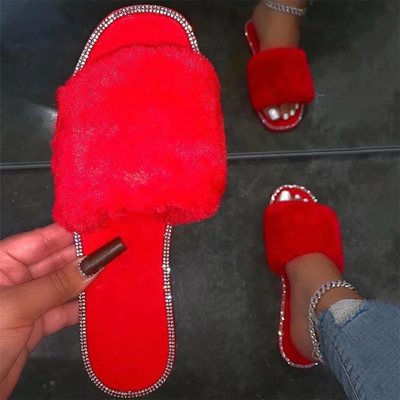 

Bling Diamond Low Price Quality Flats Open Toe Strap Fashion Hot Pink Red Blue Apricot Furry Sandals Large Size Sexy Slipper