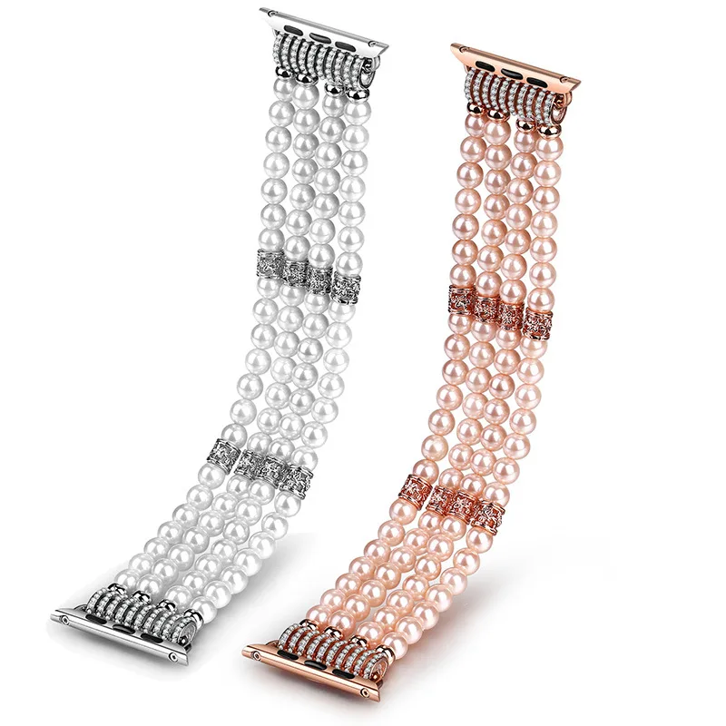 

Fashion Pearl Bracelet Metal Watch Band For Apple Watch 38mm 42mm, Rhinestone Wristband For Apple iWatch Series 1 2 3 4 5, Multi-color optional or customized