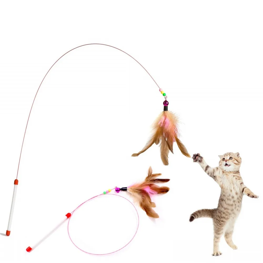 

Funny Feather Kitten Cat Toy Steel Wire Feather Teaser Bell Bead Play Pet Wand Teasing Cat Sticks Interactive, As picture