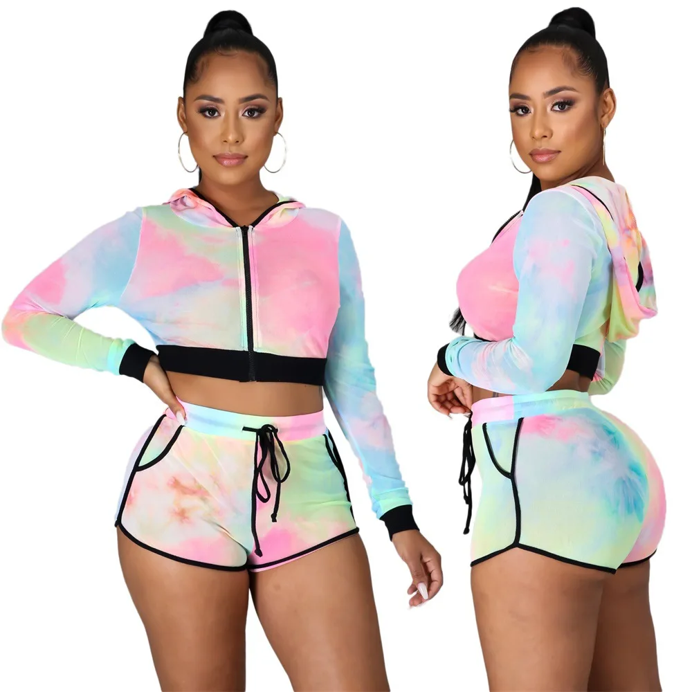 

2020 New coming women jogging suit set fashion zipper hoodie and shorts sets drop shipping printing tracksuits