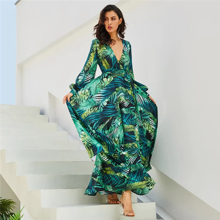 

2021 Bohemian New Style Lantern Sleeve V-neck green leaf print dress big swing skirt loose casual dress