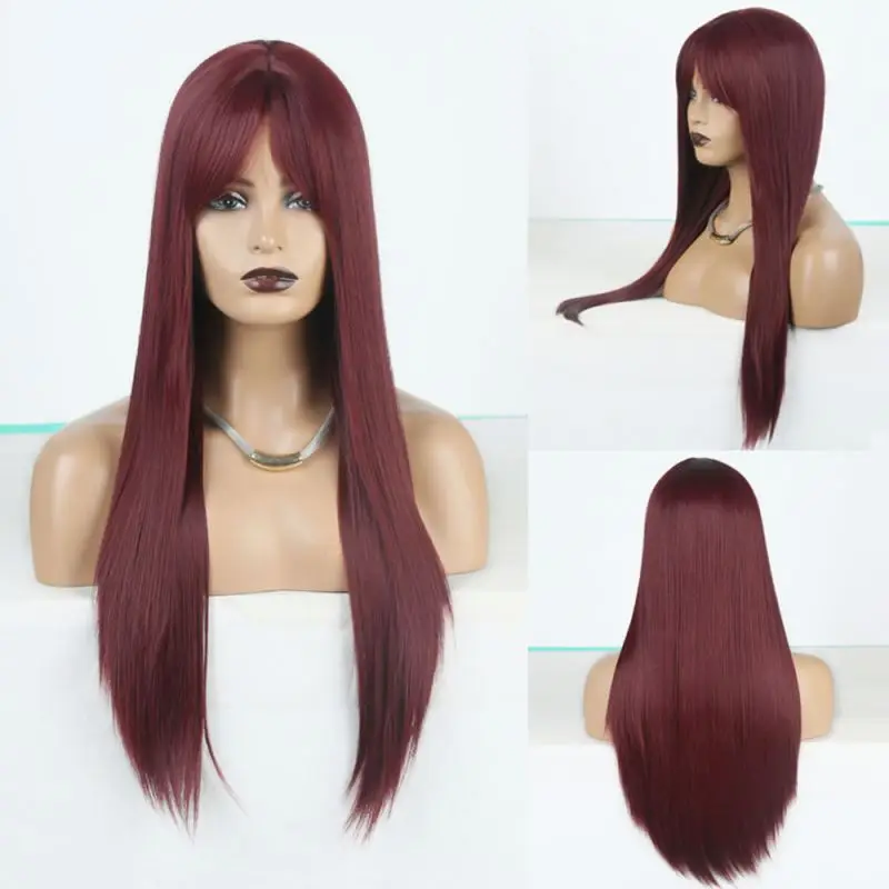 

Wine red machine made wig lace wig ladies long straight hair chemical fiber wig