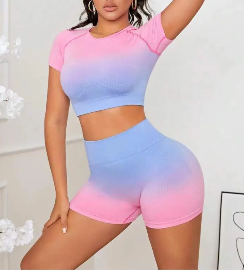 

Good Stretch Gradient Seamless Activewear Women Gym Workout Clothes Fitness Yoga Biker Shorts Sets