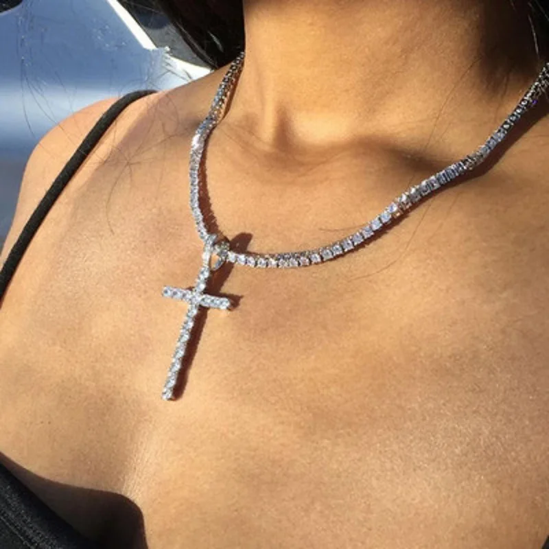 

Hot Sale Hip Hop Shining Crystal CZ Cross Pendant Necklace Rhinestone Tennis Chain Cross Pendant Necklace for Men Women