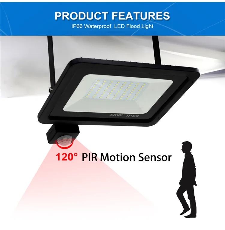 LED Floodlight PIR Sensor Motion 20/30/50/100W Outdoor Security Flood Light 220V 