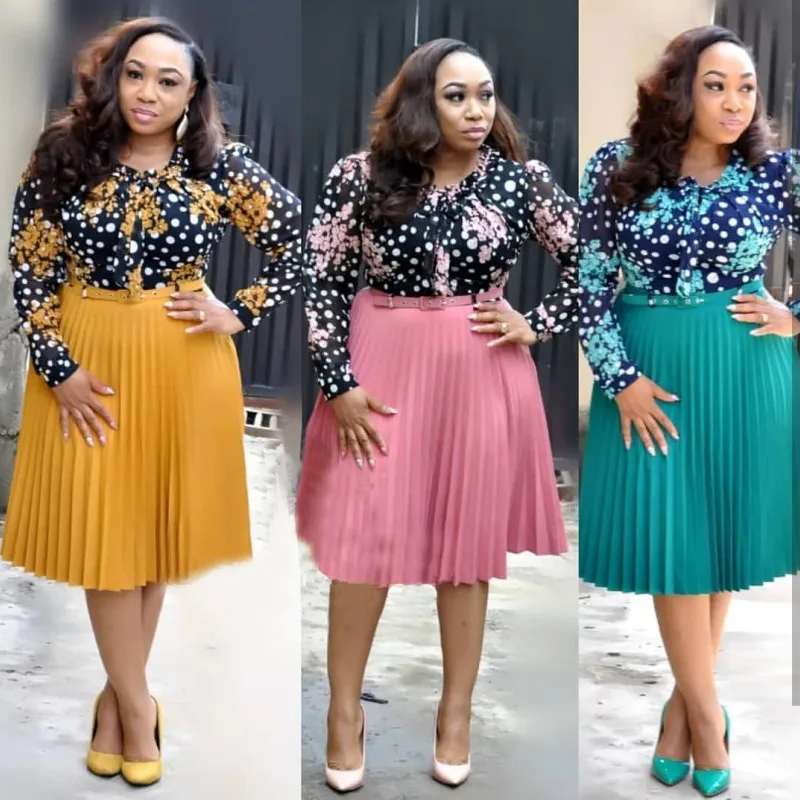 

Lingmu L-3XL African Midi Dresses Women Office Casual Chiffon Long Sleeve Vintage Print Splice Pleated Plus Size Autumn Dress