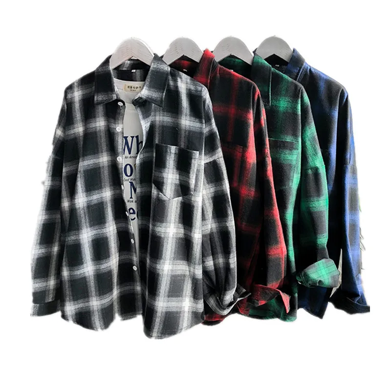 

Free Shipping Plaid Oversized Casual Loose Cotton Women Men's Shirts
