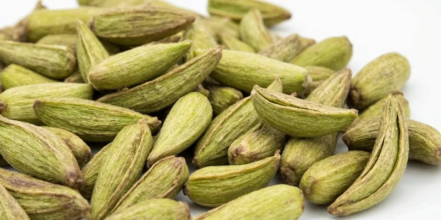 Fresh cardamom pods on a wooden table