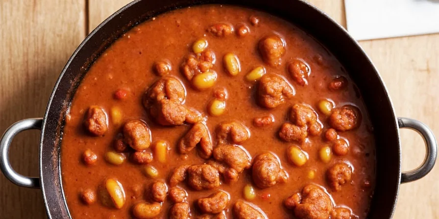 Bowl of steaming chili on a wooden table