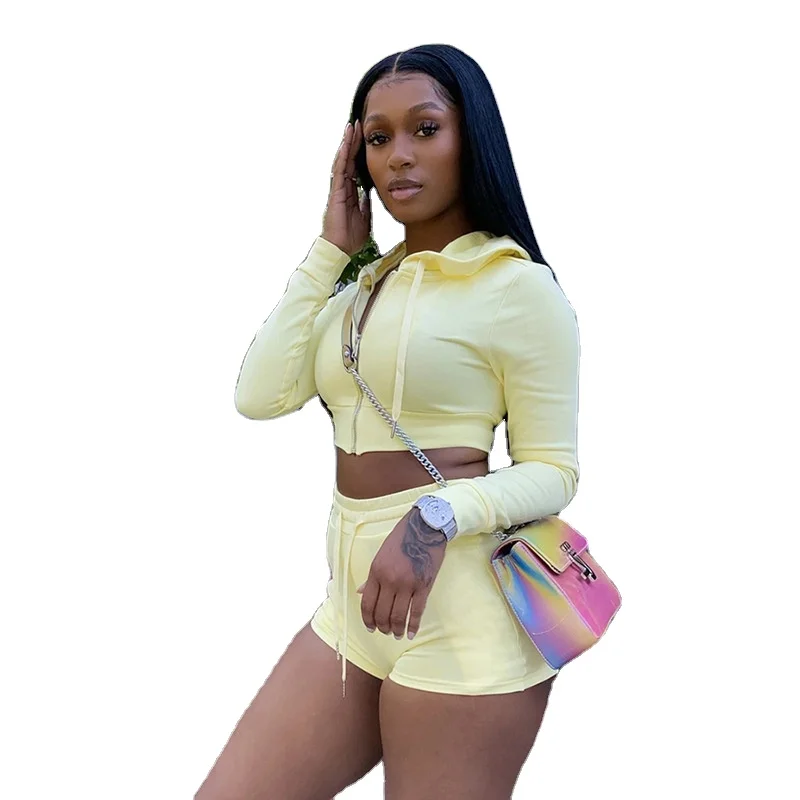 

2021 Women Clothing Hooded Zipper Full Sleeve Crop Tops Biker Shorts Two Piece Set Outfits Custom Tracksuit For Women, Picture color