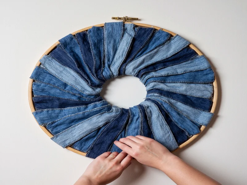 Teen arranging recycled denim strips into geometric wall hanging