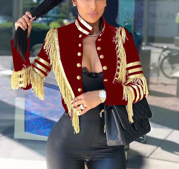 

Autumn Fashion Long Sleeve Stand Collar Gold Tassel Lady Casual Coat, As photo