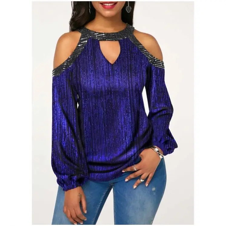 

2019 Fashion Wear Open Shoulder Blue Sequins Party Top Ladies Casual Suits
