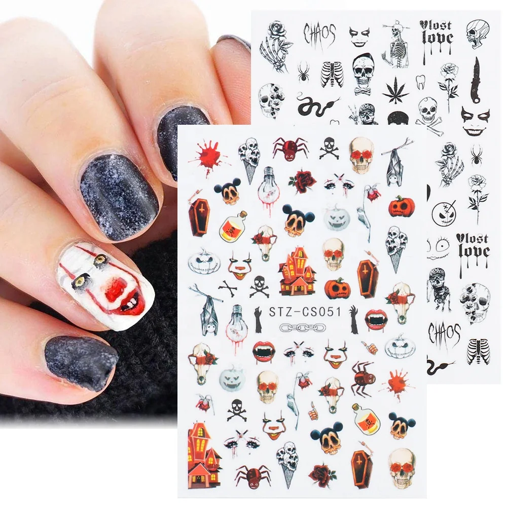 

New 2021 Halloween Skull Nail Sticker Autumn Maple Leaf Pumpkin Ghost Festival Adhesive Nail Stickers, Photo