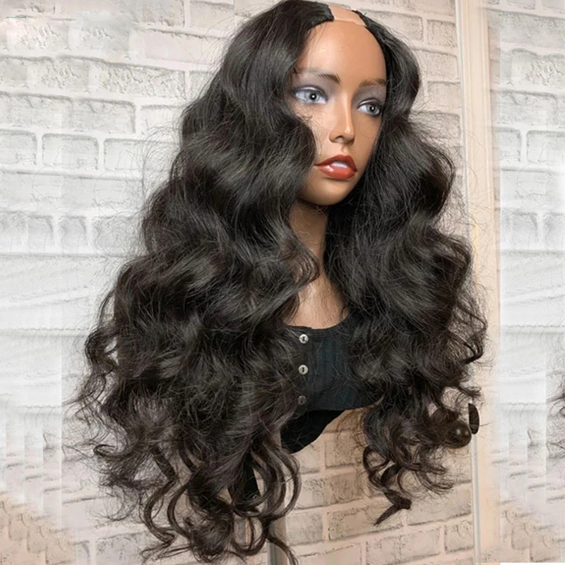 

Free Shipping 28 Inch U Part Wig Body Wave Human Hair Wigs For Women Brazilian Hair Wig Can be permed and Dye 2x4 inches