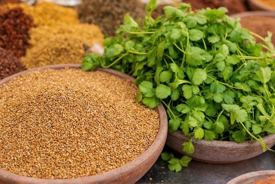 Traditional spice market display showing cumin seeds in one container and fresh cilantro bunches in another for visual comparison
