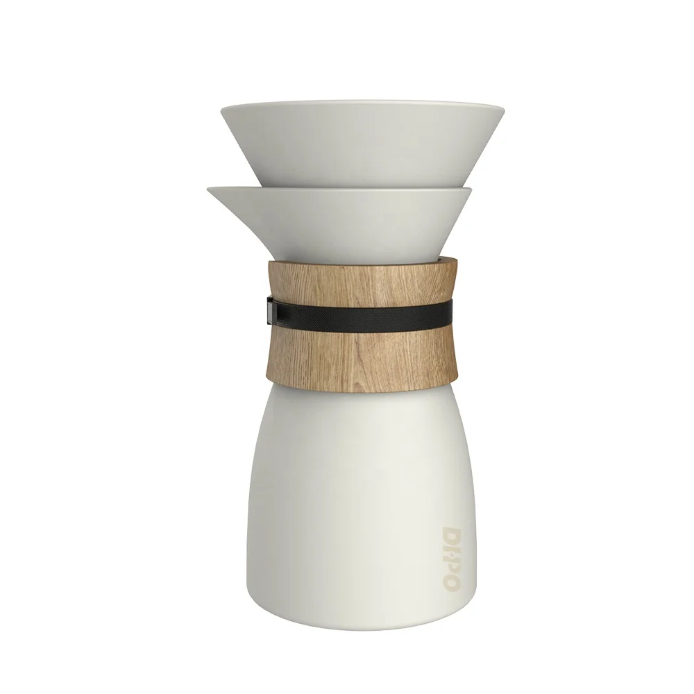 

550ml Matte white Ceramic Pour Over Coffee Dripper Maker Pot with Brewer Filter and wooden lid