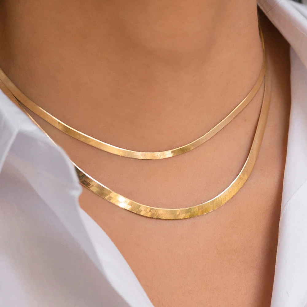 

14K Gold Filled Stainless Steel Herringbone Chain Necklace Fashion Flat Snake Chain Necklace for Women torque chain pendant