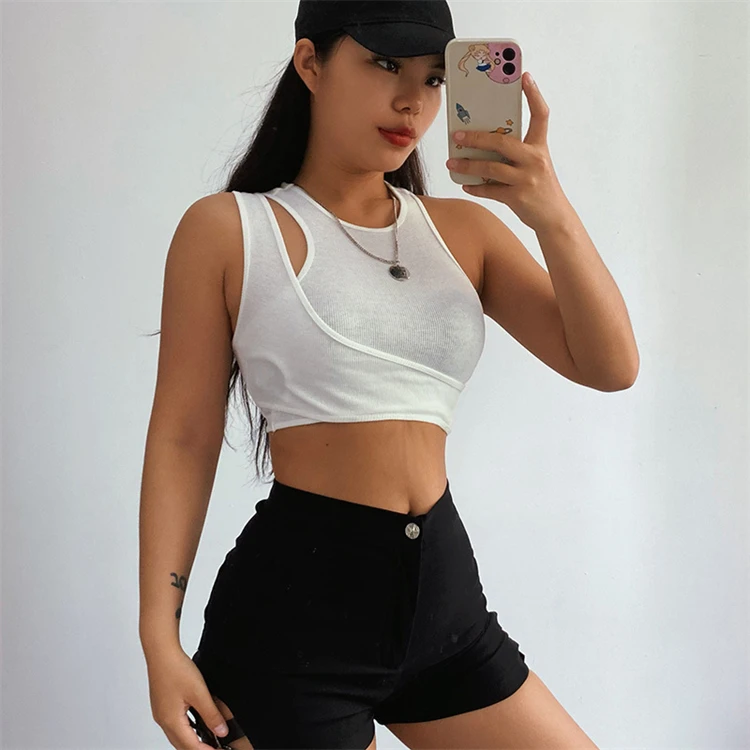 

DUODUOCOLOR Summer solid color individuality round neck hollow out two piece crop top sexy vest womens clothing 2021 D10260