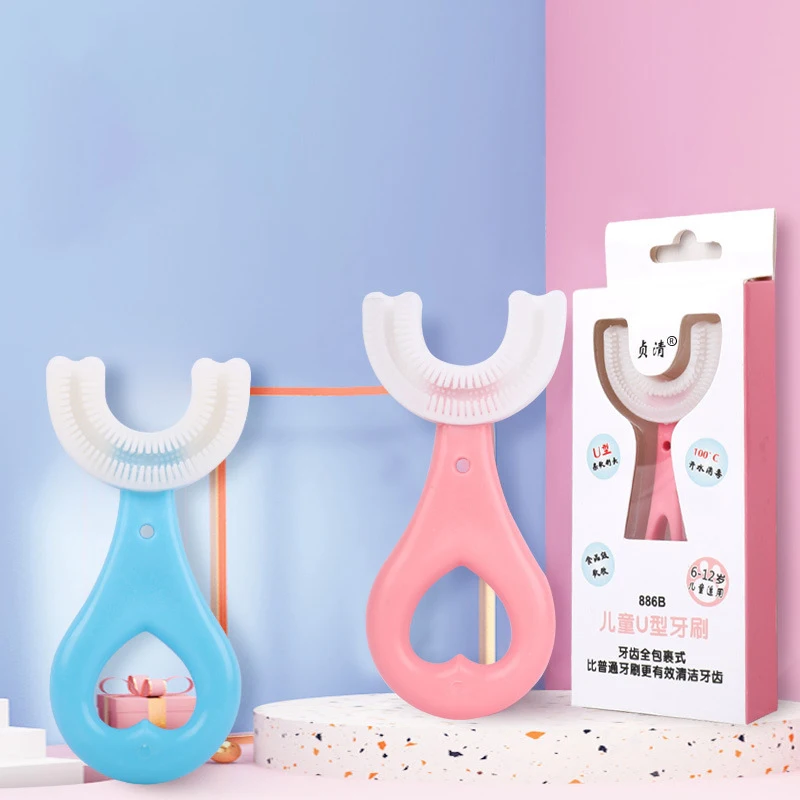 

Waterproof 360 Degree Food Grade U Shape Silicone Children Cartoon Baby Kids 360 Toothbrush, Peach heart pink, peach heart blue long handle pink, long handle blue