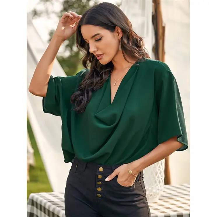 

PEARL Lowest Price 2021 Summer Short Sleeve Solid Color Casual Womens Clothes Woman Tops Ladies Top Blouses
