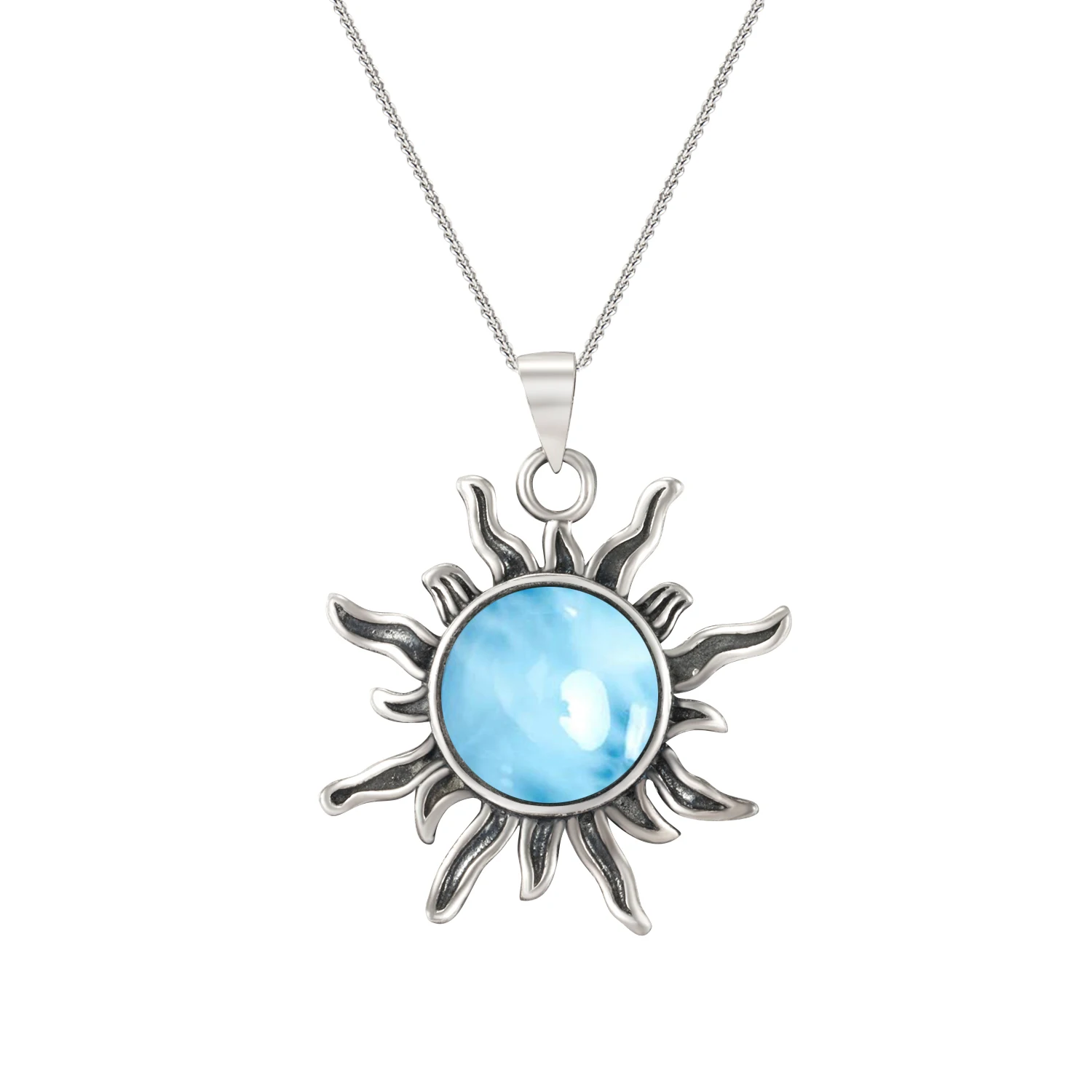 

Meaningful New Arrival S925 Sterling Silver Jewelry Beautiful Natural Sun Shape Blue Larimar Charm Pendant Necklace For Women