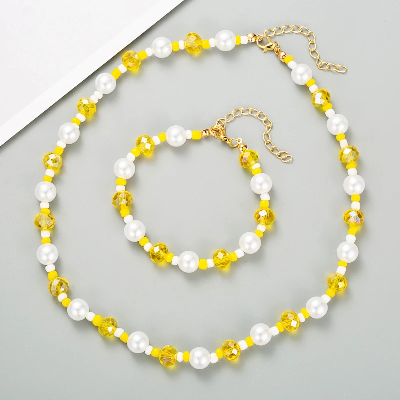 

Online 2 Pieces Women Bracelet Choker Pearl Natural Jade Yellow Crystal Necklace Set, Picture