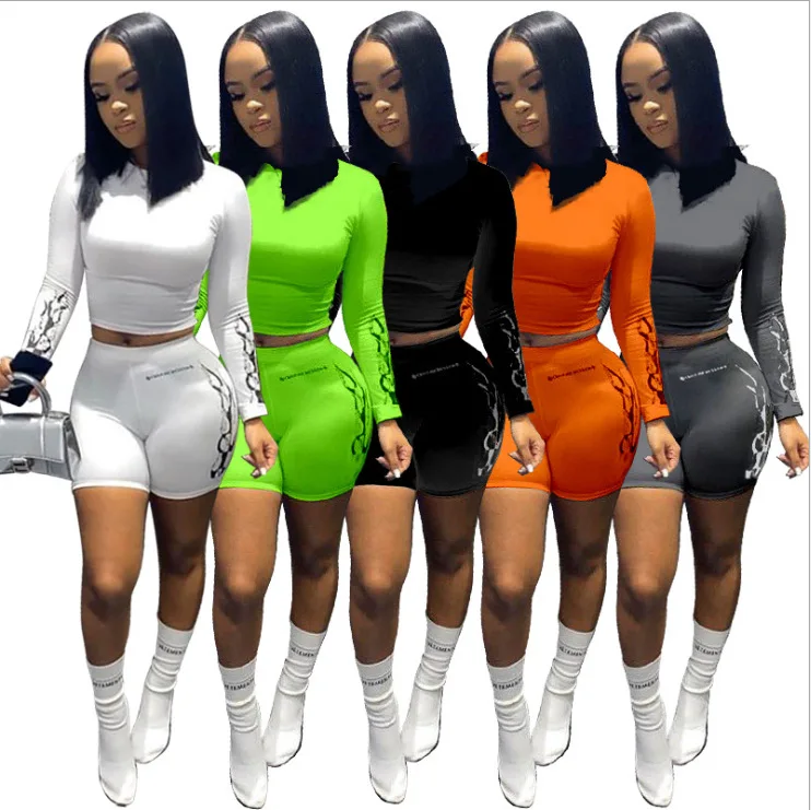 

2021 New Fashion Style Bodycon Female Long Sleeve Casual Crop Top and Shorts Set two piece set women clothing 2 piece set women, Picture color