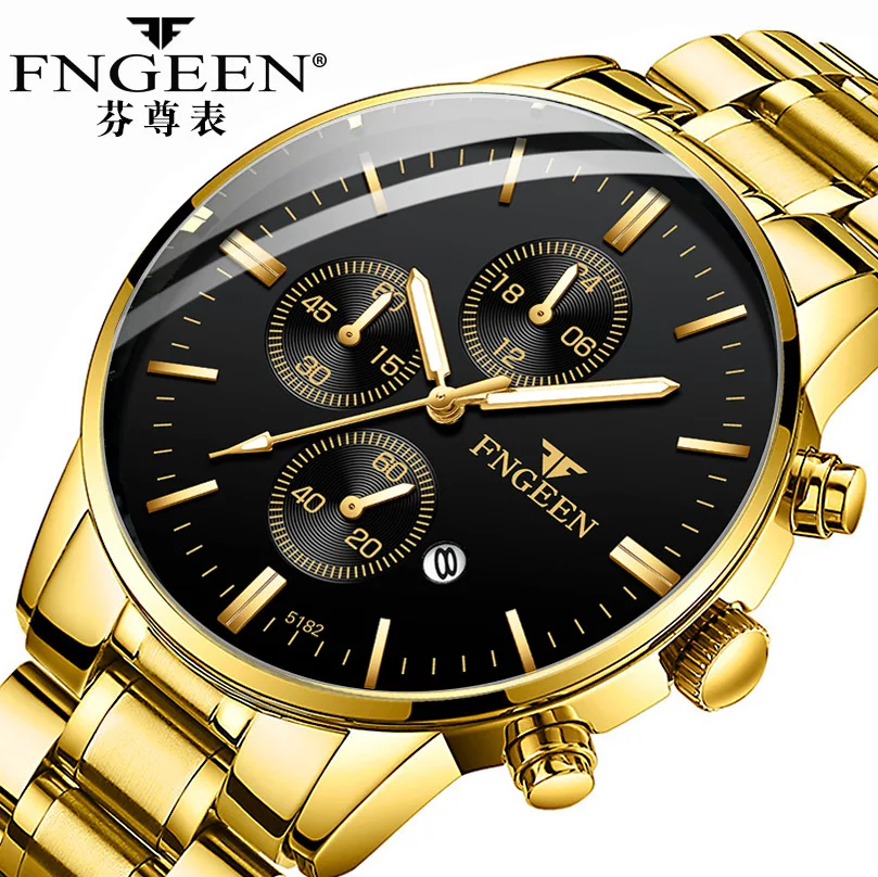 

FNGEEN 5128 special gold mens quartz watch original Stainless steel band Luminous calendar storage Casual wrist watch