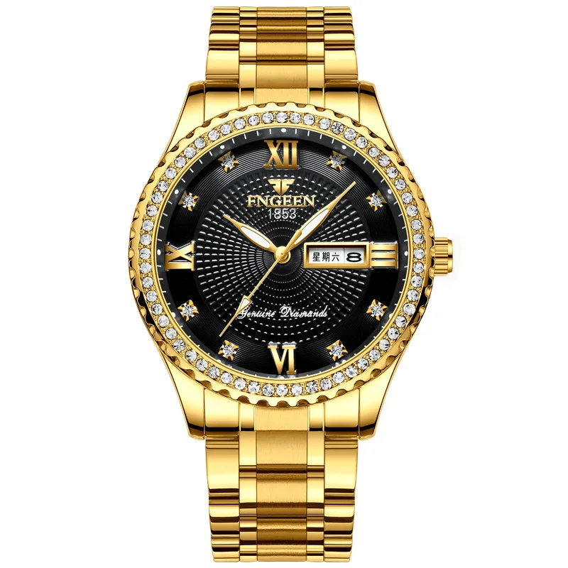 

FNGEEN S888 elegant golden mens quartz watch activity steel band water resistant week display Concise business wrist watch