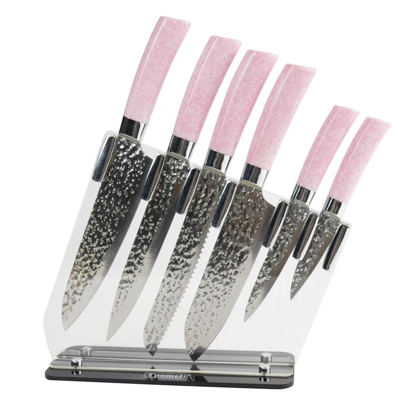 

TUOMEI In Stock Hammer Design Color box Packing Acrylic Knife Stander Color Handle 7pcs Kitchen Knife Set, Pink/ shy bule/light reen