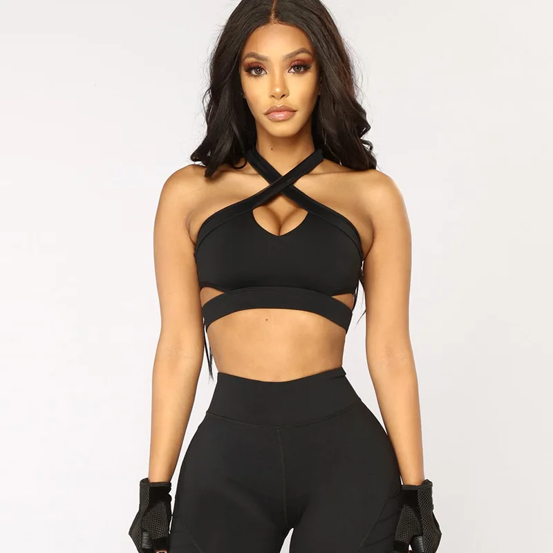 

Black Sexy Cross Halter Camisole Female racer Sports Bra Yoga Fitness Sleeveless Bra