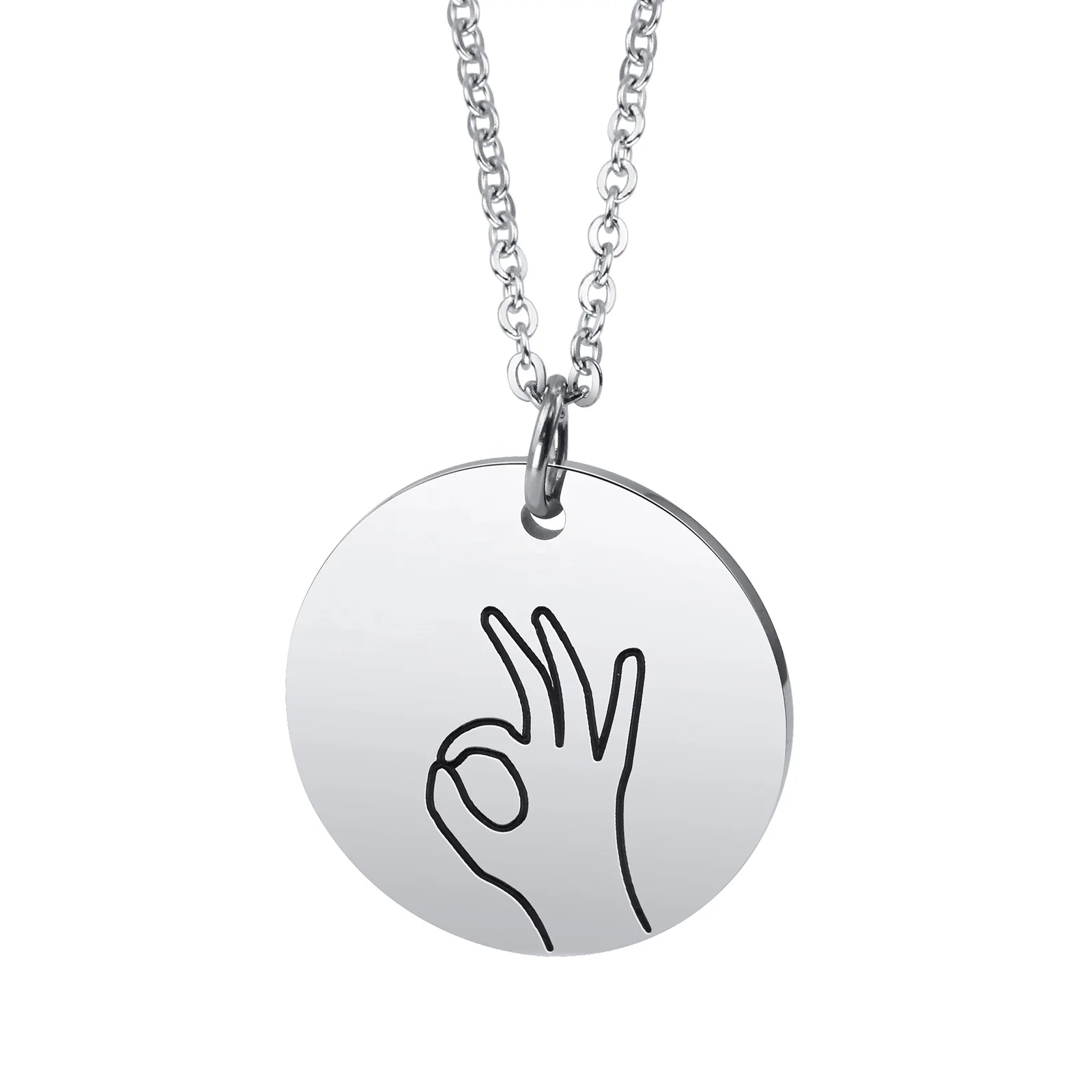 

Personality Engraved Hand Gesture okay Necklace Pendant 316L Stainless Steel Necklace accessories for women