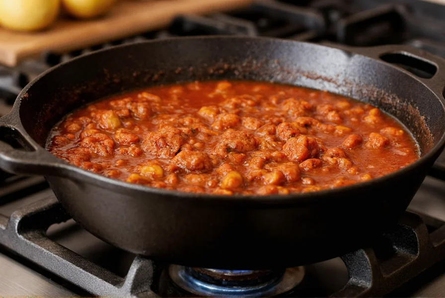 Cast iron pot with simmering chili showing perfect consistency and texture on stove