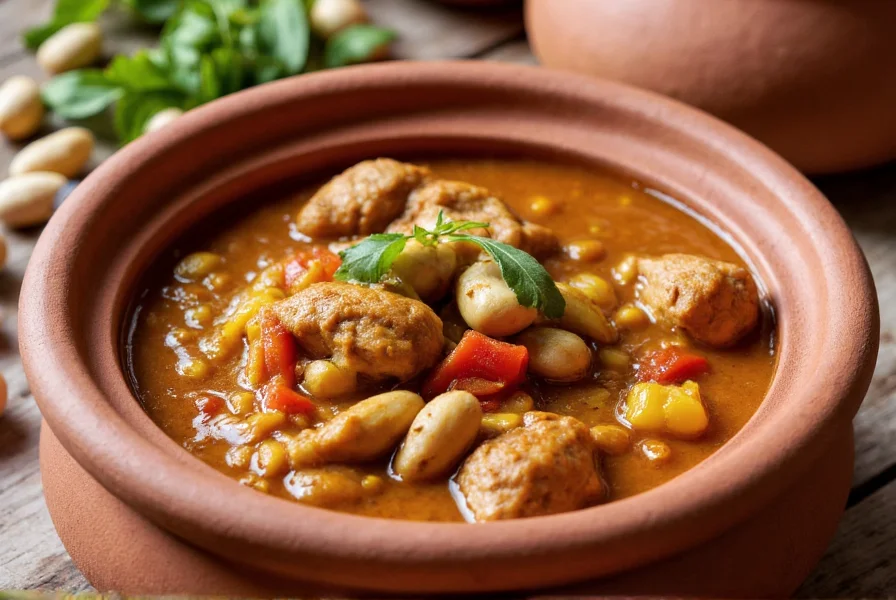 West African groundnut stew in a clay pot with chicken, peanuts, and vegetables