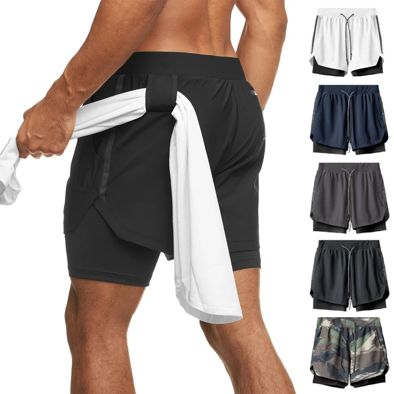 

High Quality 2 In 1 Quick Dry Sweat Gym Shorts With Towel Hanger Polyester Spandex Training Fitness Shorts For Men, 5 color options
