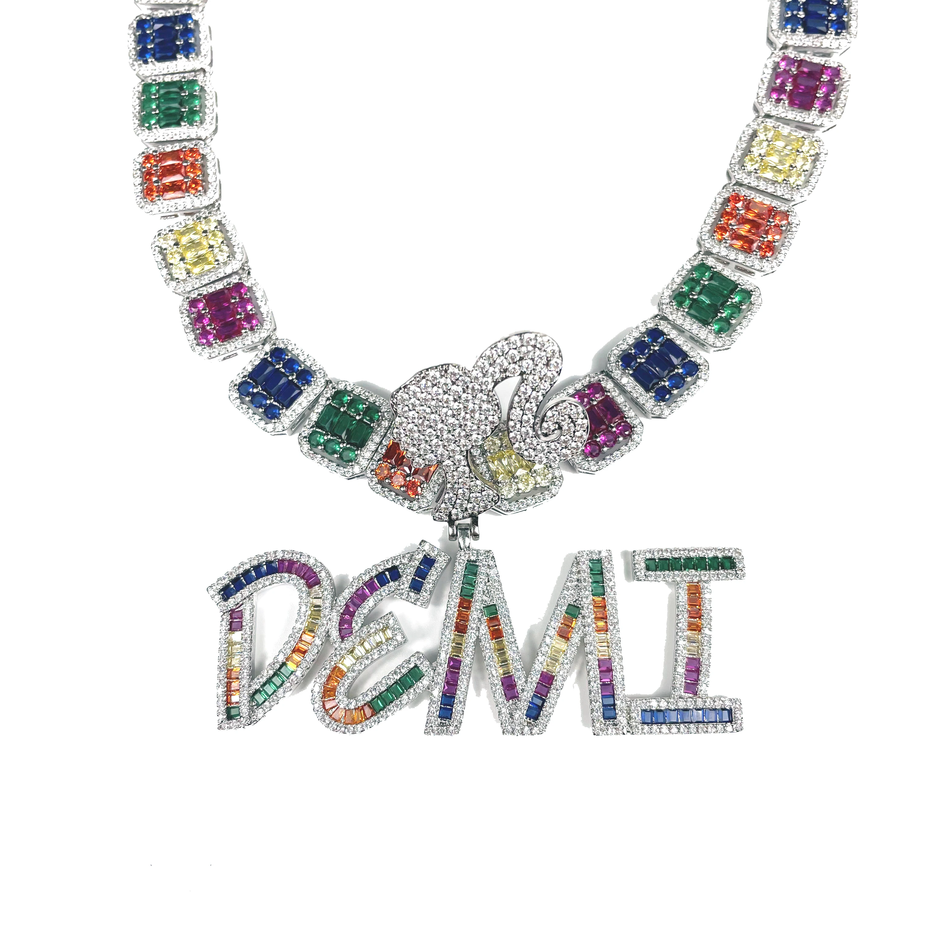 

New design Hip Hop bling jewelry Multi Color CZ stone Square Baguette letter name necklace personalised custom jewelry, Silver/ gold/ rose gold