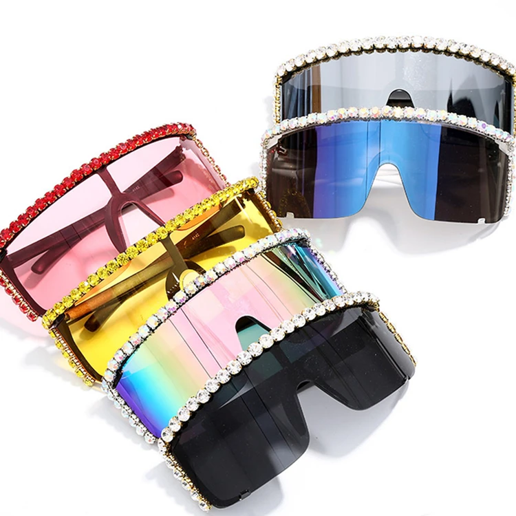 

2021 Wholesale Fashion Women Big Oversized Half Diamond Frame Shield Sunglasses Sun Glasses, Multi colors