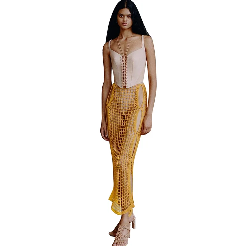 

Skirt For Womans Yellow Knitted High Waist Hollow Mesh Slim Long New Style Skirts Women Long Summer Vacation Beach Street Party