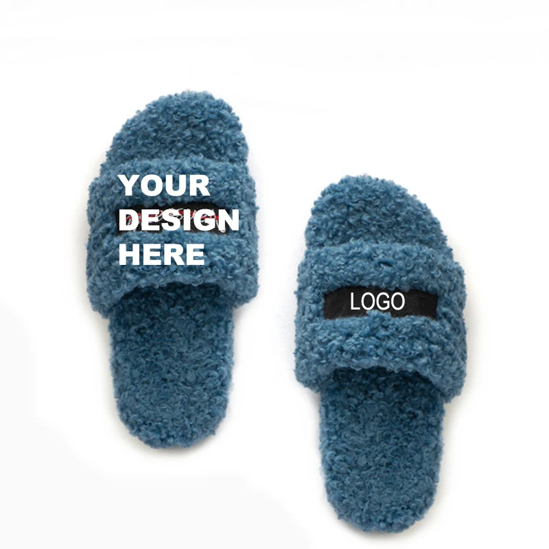 

Wholesale Custom Lady Multi Color Indoor Home Furry Slippers Fur Slides With Logo Women Winter Korean Blue Faux Fur Slippers